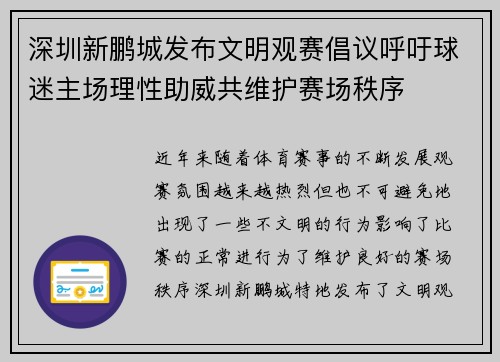 深圳新鹏城发布文明观赛倡议呼吁球迷主场理性助威共维护赛场秩序